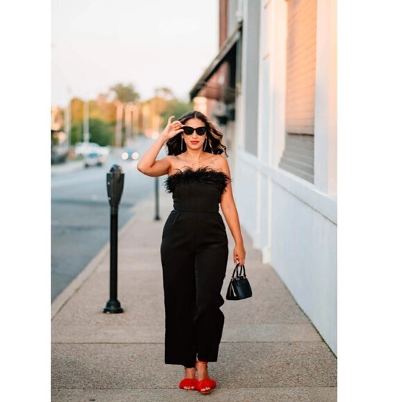 SAM EDELMAN Feather Trim Strapless Jumpsuit in Black Size US 0 - Picture 3 of 10